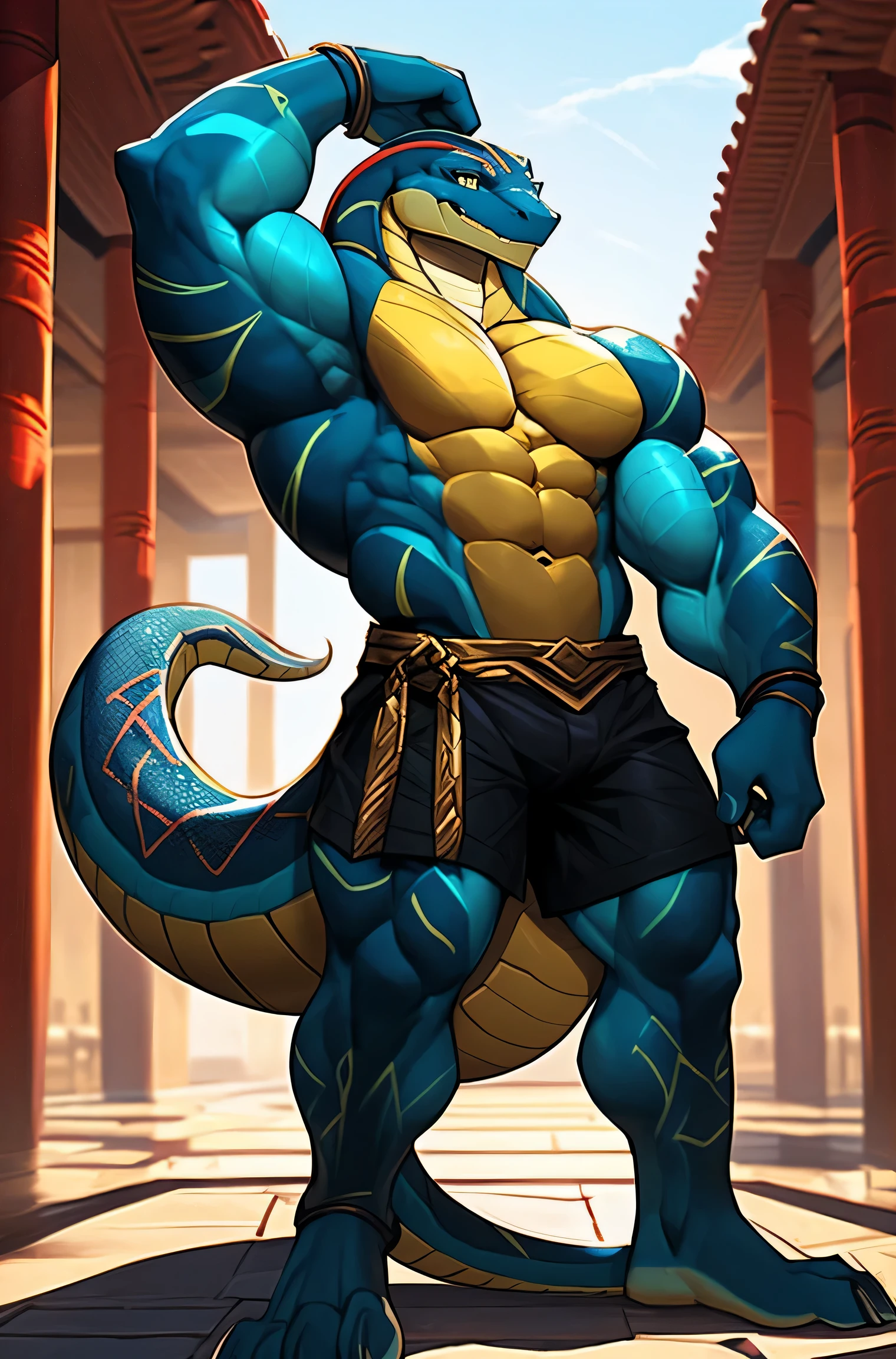 On the counter of a shop full of glowing potions，A dragon in a medieval tight-fitting costume，There is a huge bulge in the pants，Greet you with a warm smile，Oblique view