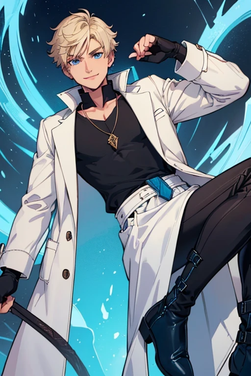 male, brownish tan short hair, blue eyes, (((1boy))), (((white coat with blue trim))), (black long sleeve v-neck t-shirt), (necklace with dragon head pendant), (black pants with blue trim), (black boots), (black fingerless gloves), long legs, smiling, single person