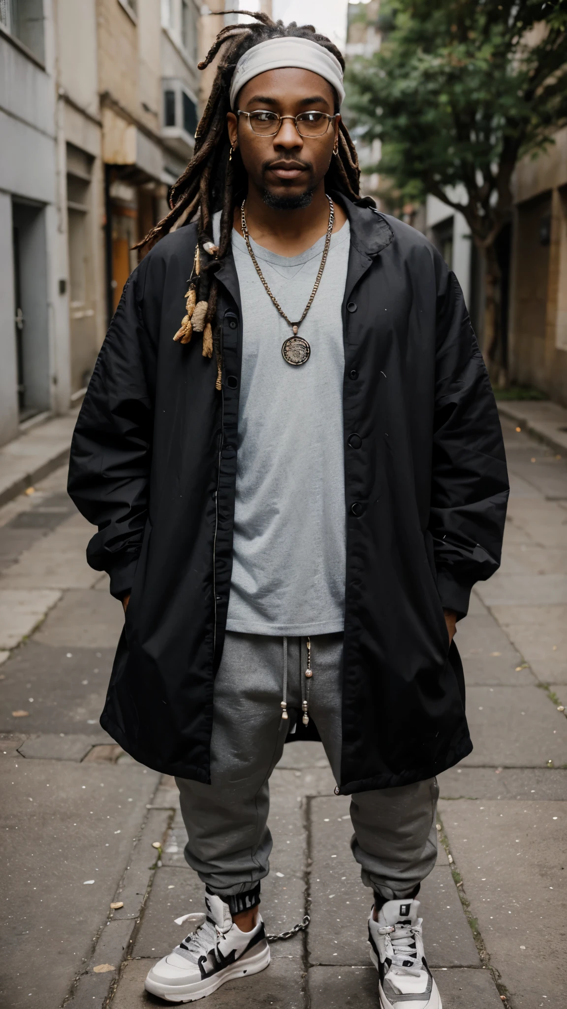a black man with dreadlocks and rapper clothes looking forward with glasses;, goatee and gray beard, thin middle face, brown eyes and a chain with a hexagram pendant with his hands outside his pocket with his chin raised, without earrings and with face looking about 30 years old, full body and sneakers dancing hip hop