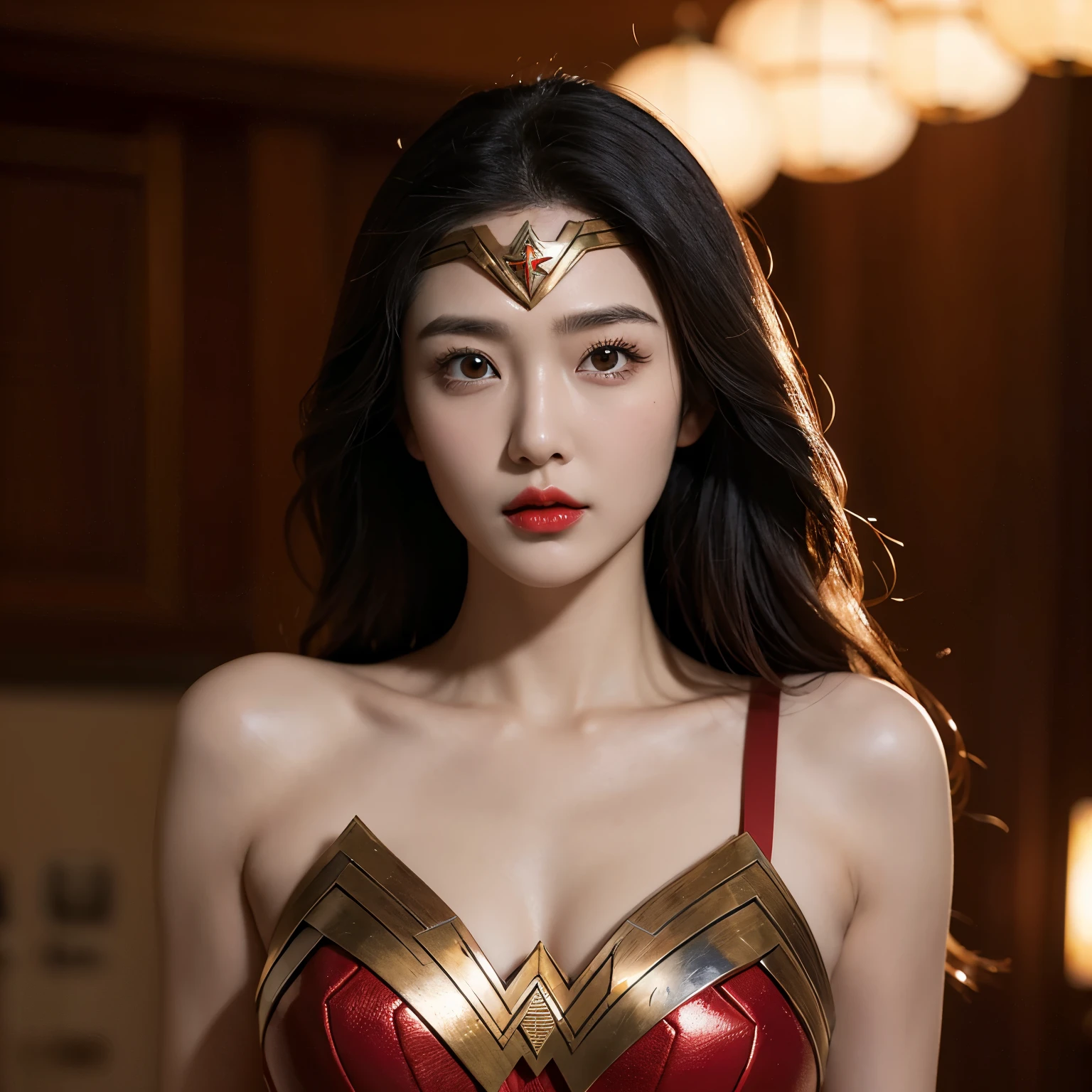 masterpiece,Ultra-clear,Award-winning works,Wonder Woman dressed up,A Korean beautiful girl,red phoenix eye,Oval face,high nose,High skull,red lips,The chest is generally large,Half-length close-up,indoor