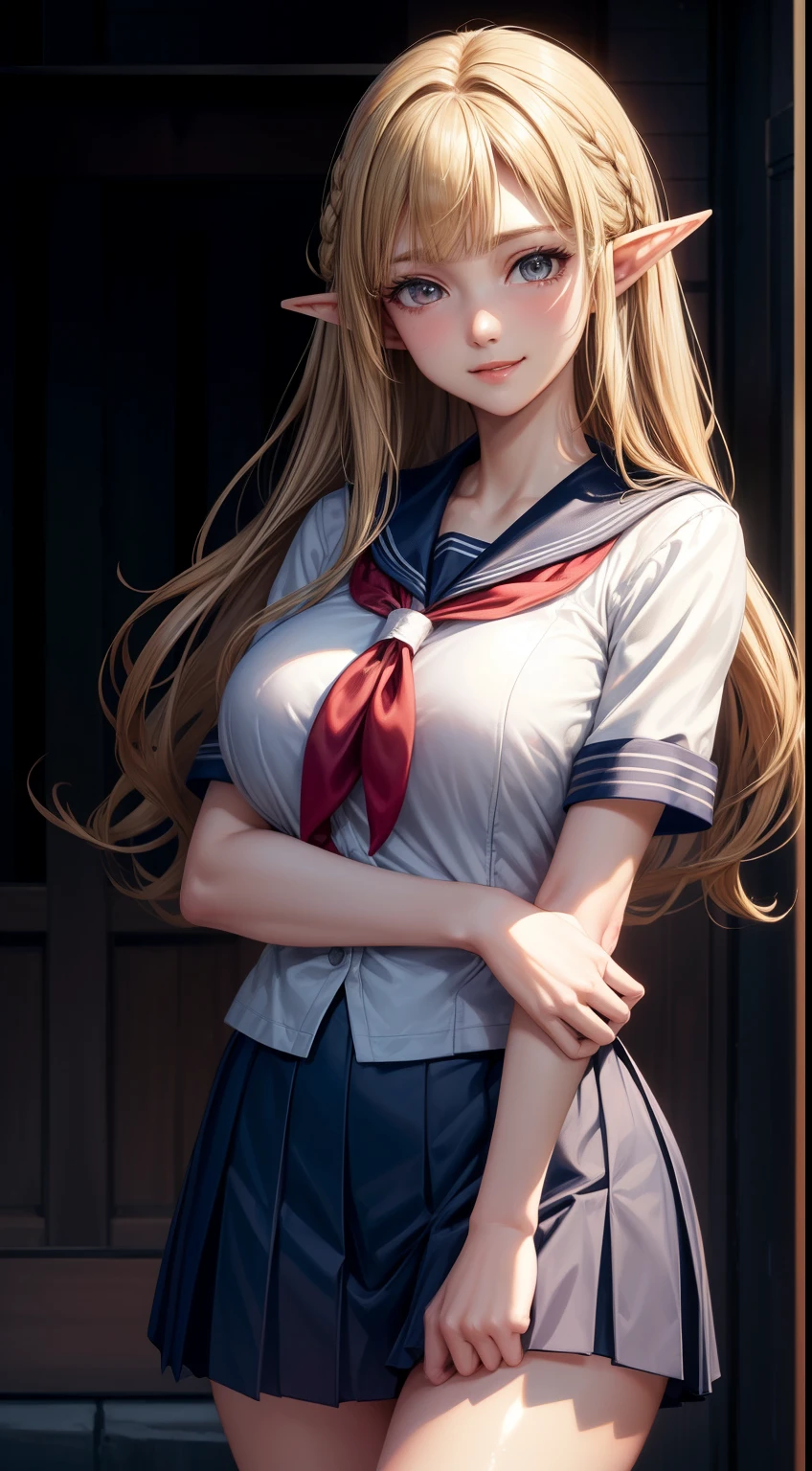 (masterpiece:1.3), High resolution, Very detailed, Highly detailed CG Unity 8k wallpaper, Realistic, photo-Realistic, Raw photo, Beautiful and dense face, Pale skin, Realistic glistening skin, Fine cloth texture, Detailed hair texture, Perfect body, Beautiful Face, Accurate, Anatomically correct, Highly detailed face and skin texture, Natural neck length, (Beautiful Hands), (Fair skin:1.2), Thin legs, Thin legs, break, Fine grain, Symmetrical eyes, Light brown eyes, double eyelid, Thin eyebrows, (Glossy lips:1.4), (Smiling Kindly:1.2), break, (NSFW:1.1), (Elegant and cute girl:1.3), (1 girl), (Medium sized big breasts, Slender figure,  Firm chest:1.1), Beautiful clavicle, (Blonde Hair, Wavy Hair, Long Hair:1.2), ((Asymmetrical bangs:1.2)), (((Elf))),((Sailor suit,school uniform)),(Shopping Street)