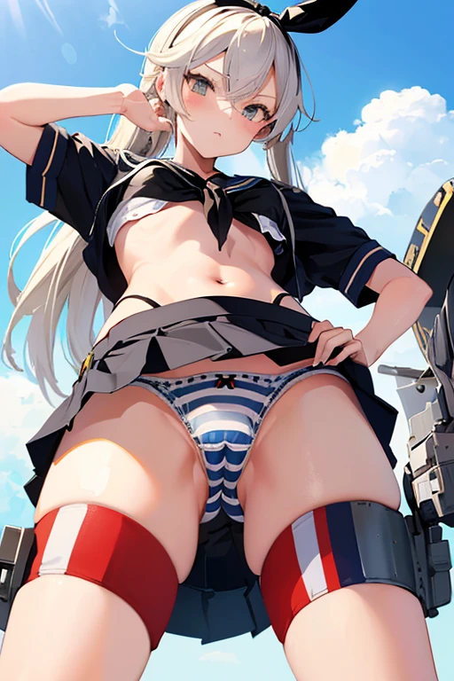 masterpiece, best quality, ultra detailed, ((striped panties)), (cowboy shot, crotch is close-up:1.2, ground-level, from below, mini skirt, KanColle Shimakaze, from front),
