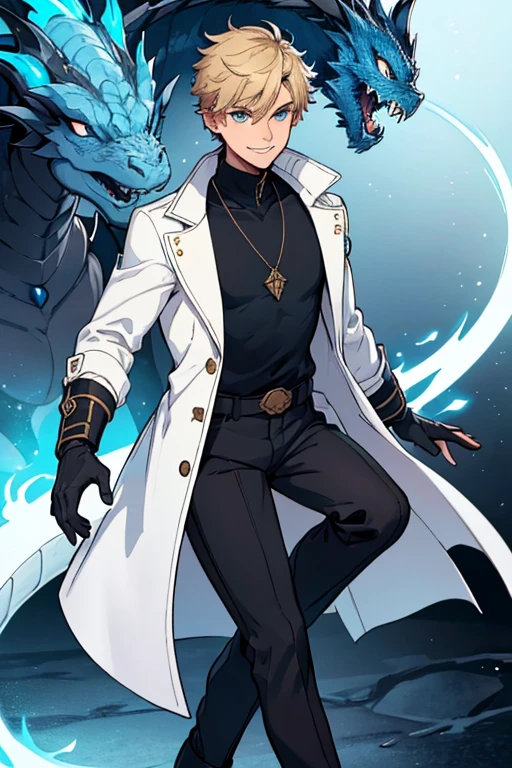 male, brownish tan short hair, blue eyes, (((1boy))), (((white coat with blue trim))), (black long sleeve v-neck t-shirt), (necklace with dragon head pendant), (black pants with blue trim), (black boots), (black fingerless gloves), long legs, smiling, single person