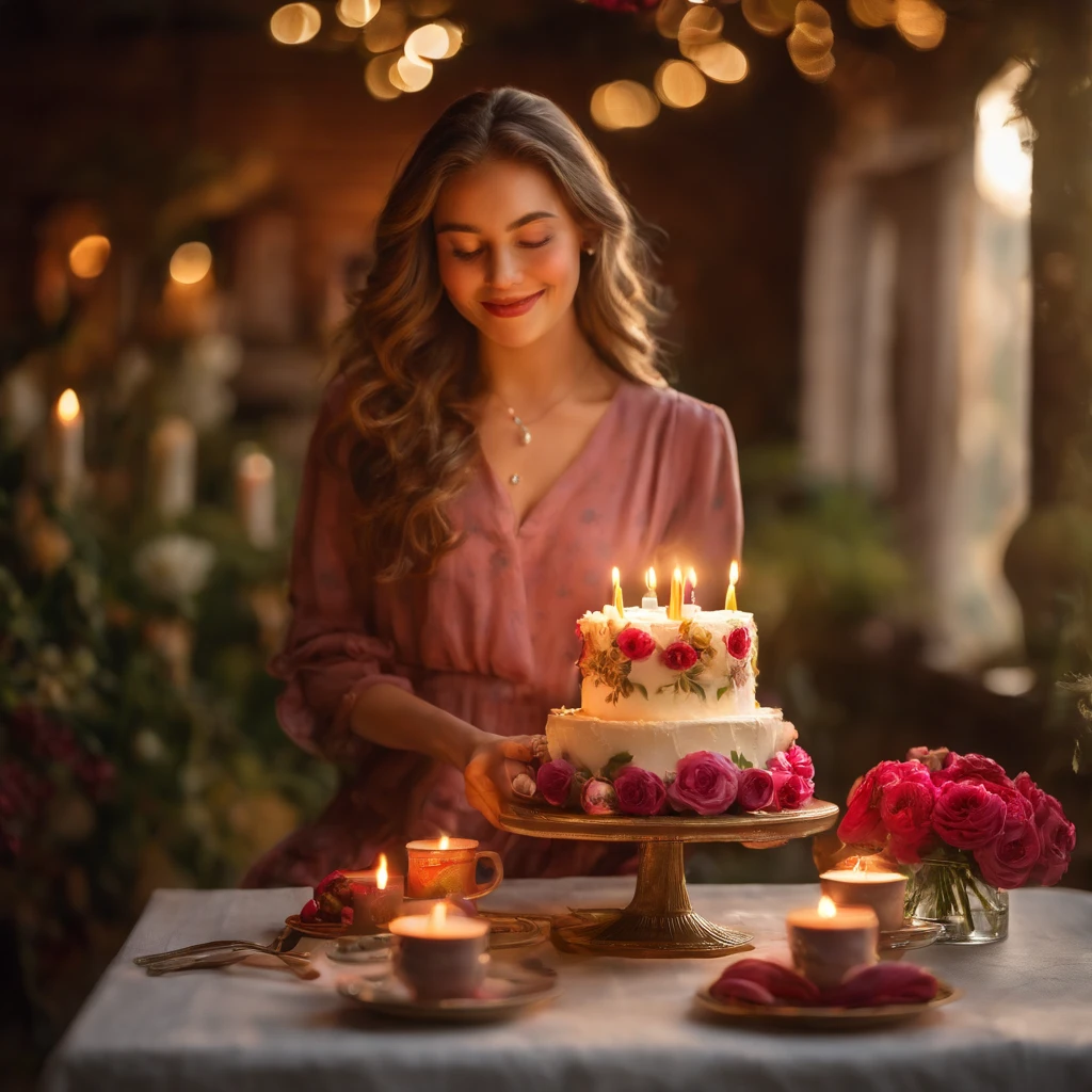 (a girl blowing out the candles on) a birthday cake, a table set with dishes, a winter garden filled with flowers, sunlight
(best quality, highres) The scene depicts a girl blowing out the candles on a birthday cake, positioned on a beautifully decorated table with dishes. The ambiance is set in a enchanting winter garden, surrounded by vibrant flowers illuminated by warm, golden sunlight.
(realistic) The girl's features are beautifully captured, with detailed eyes, a delicate nose, and luscious lips. Her complexion is glowing, showcasing a sense of joy and excitement. She is dressed in a lovely outfit that complements the festive atmosphere, and her mesmerizing smile adds to the overall cheerfulness of the scene.
(ultra-detailed) The cake itself is a masterfully crafted confectionery marvel, adorned with intricate frosting designs and topped with colorful candles. The table is meticulously set with matching dinnerware, elegant cutlery, and sparkling glassware, creating an atmosphere of sophistication and celebration.
(photorealistic) The winter garden is a sight to behold, with an abundance of flowers in full bloom. Roses, tulips, and daisies provide a vibrant and diverse color palette, saturating the scene with hues of red, pink, yellow, and white. Sunlight filters through the delicate petals, casting beautiful shadows onto the ground and adding a touch of magic to the environment.
(artistic, vivid colors) The overall art style is reminiscent of a romantic painting, with bold brushstrokes and vivid colors that bring the scene to life. The composition is carefully balanced, emphasizing the girl as the focal point while showcasing the beauty of her surroundings. The contrast between warm and cool tones highlights the contrast between the cozy indoor setting and the serene outdoor garden.
(studio lighting) The lighting is skillfully executed, with soft beams of sunlight shining through the glass windows, casting a warm glow on the table and illuminating the gi