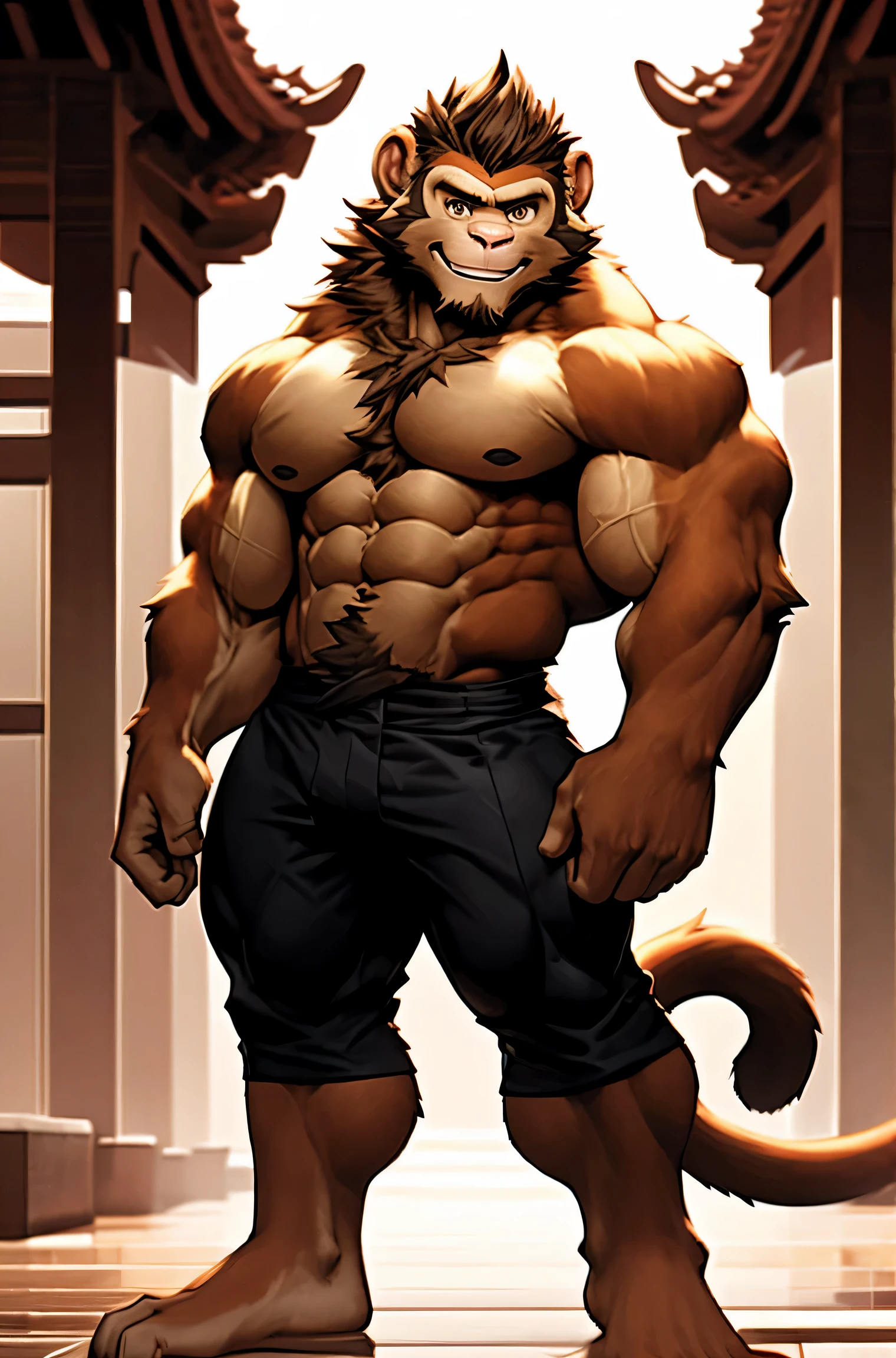 Monkey, Chinese zodiac. Male. Monkey. Furry, Monkey antro), standing, alone, nj5furry, (Monkey, huge, huge, young face, ager, bodybuilder body), Monkey, ((extremely realistic shadows, masterpiece, extremely detailed, photorealistic)), kemono, young, teen, ((16 years back, solid back, round buttocks, firm and well-formed buttocks, back, broad shoulders, standing on the back, firm buttocks, round buttocks, well-formed buttocks, solid and very muscular back, Monkey, tail, ((detailed face)) nose, brown eyes, ((detailed eyes)), smile, mischievous smile, mischievous expression, white teeth, mouth slightly open, red tongue, skin, fur, hair, mane, sexy, height 3 meters high , optimal height, body full of muscles, bulging pectorals, bulging abs, Shaolin monk, Shaolin clothes, Buddha temple, huge and defined abs, V-shaped body, thick waist, long legs, strong arms, manly, attractive face, type of attractive, fresh and calm face with a cold smile. bodybuilder body, topless, huge muscular thighs, bulging biceps, looking at viewer. Unique light source, Sharp shadows, Unique portrait.