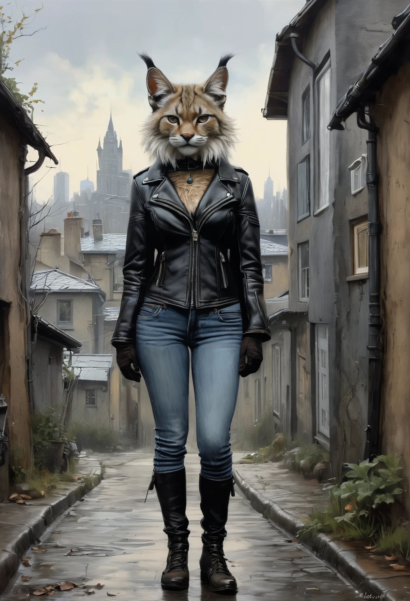 realism, dark fantasy style, John Tolkien style, Small painting by Jean-Baptiste Monge, fluffy cat girl with big breasts and big ears, looks like a lynx girl, In a short black leather jacket....., jeans, I&#39;m standing next to a minivan, city, megalopolis, city trail, big house, glass skyscraperJean-Baptiste Monge, anthropomorphic --ar 2:3 --testp - optimistic;