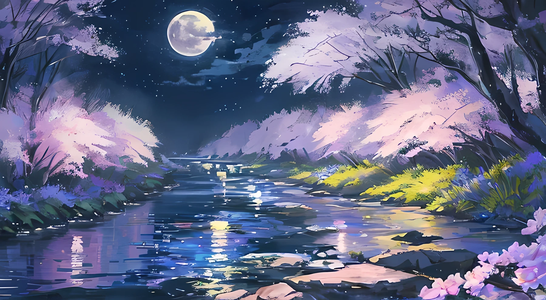 Spring River flower moonlit night