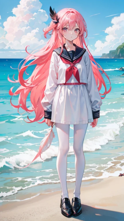 Coral pink hair，Long hair，hair over one eye，Gray eyes，feather hair ornament，cute，Girl，Black sailor suit，Small leather shoes，White silk pantyhose，whole body，Standing on the ground，Don't show your arms，The background is the beach，Blue sky and white clouds