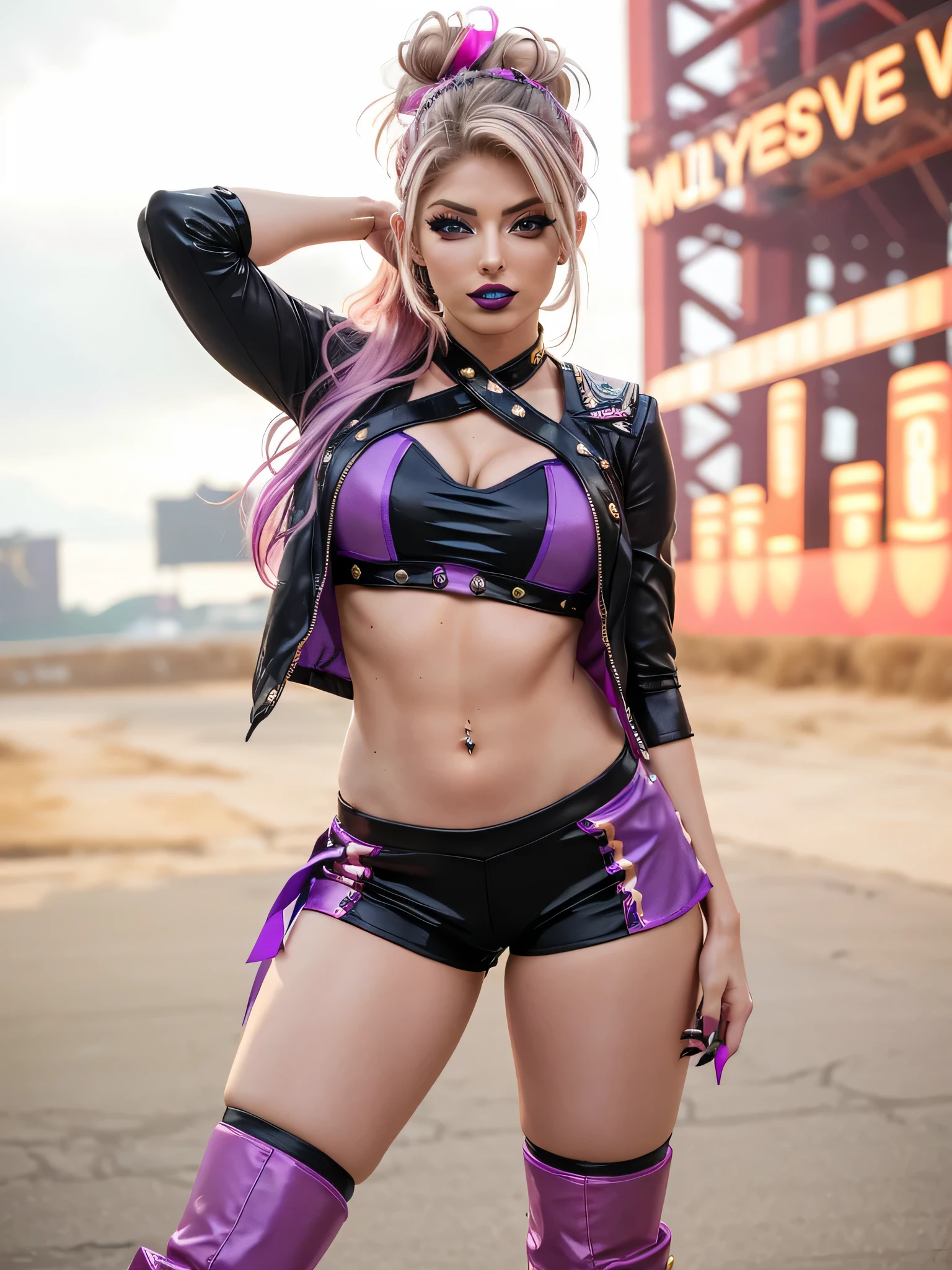 Masterpiece, high quality, full detailed, beautyfull blonde woman looks like Alexa Bliss, She has beautiful blue eyes with black shadows,long eyelashes,  her lipstick is black, her hair has pink tips, she is dressed  in a purple outfit and black boots posing for a picture, waist - shot, rave outfit, black and violet costume, wild rave outfit, hot-pants, hot pants, jessica nigri, bold rave outfit, wwe, cute rave outfit, metal bikini, midriff, dark purple hair and cybernetics, tinyest midriff ever