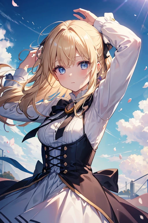 (Dynamic Angle: 1.3), Wind, Movie Highlight, Tyndall Effect, 1 Girl, Upper Body, Arms Up, Look at the Audience, Extreme Close Up, violet_evergarden, Solo, Jewelry, Expressionless, Brooch, blonde_hair, ( Vevry Long Hair: 1.2), messy_hair, Floating hairlong_sleeves, Ribbon, blue_eyes, Jacket, Dress, Gemstone, hair_ ribbon, sky, depth_of_field, flower fields, fluttering petals