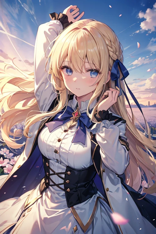 (Dynamic Angle: 1.3), Wind, Movie Highlight, Tyndall Effect, 1 Girl, Upper Body, Arms Up, Look at the Audience, Extreme Close Up, violet_evergarden, Solo, Jewelry, Expressionless, Brooch, blonde_hair, ( Vevry Long Hair: 1.2), messy_hair, Floating hairlong_sleeves, Ribbon, blue_eyes, Jacket, Dress, Gemstone, hair_ ribbon, sky, depth_of_field, flower fields, fluttering petals