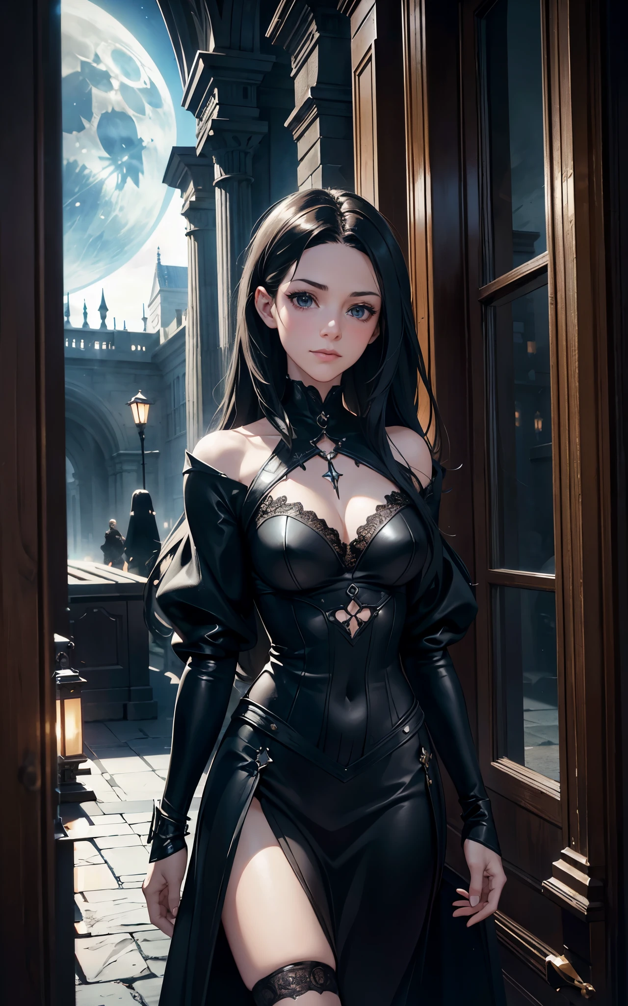 (Emmy Rossum:Evangeline Lilly) An ultra detailed, a beautiful goth girl with long straight hair in a short black dress is walking through a gothic city, moonlight, gothic fashion, dark fantasy style, hyper realistic, realism, digital art, cinematic, perfect contrast, high sharpness, depth of field, ultra detailed photography, global illumination, smooth, ultra high definition, 8k, unreal engine 5, ultra sharp focus, award winning photograph