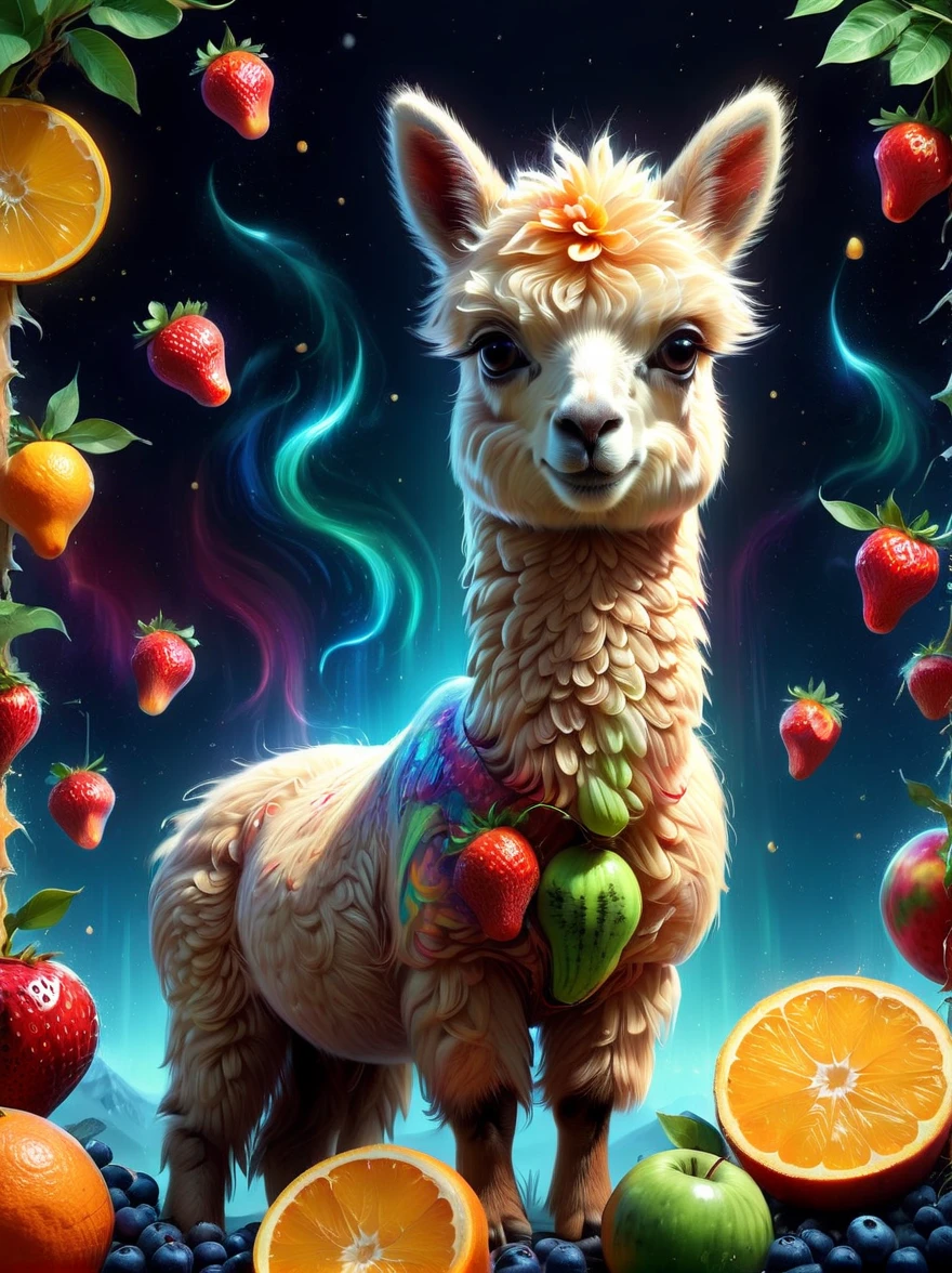 ((Imaginative depiction of an alpaca made entirely of fruit pulp)),Alpaca standing upright in a casual posture,Maybe one hand holding an apple,(Body made of orange,watermelon,kiwi,Strawberries and other colorful fruit slices),A rainbow-like mosaic effect,The face is detailed and expressive,Elegantly shaped with tangerine peel and blueberry eyes,(The background depicts a sunny snowy afternoon),(Bathed in the peaceful golden sunshine), (master level:1.2), Super details, Realistic, (Photorealism:1.3), first-person view, UHD, masterpiece, ccurate, anatomically correct, super detail, best quality, 8k