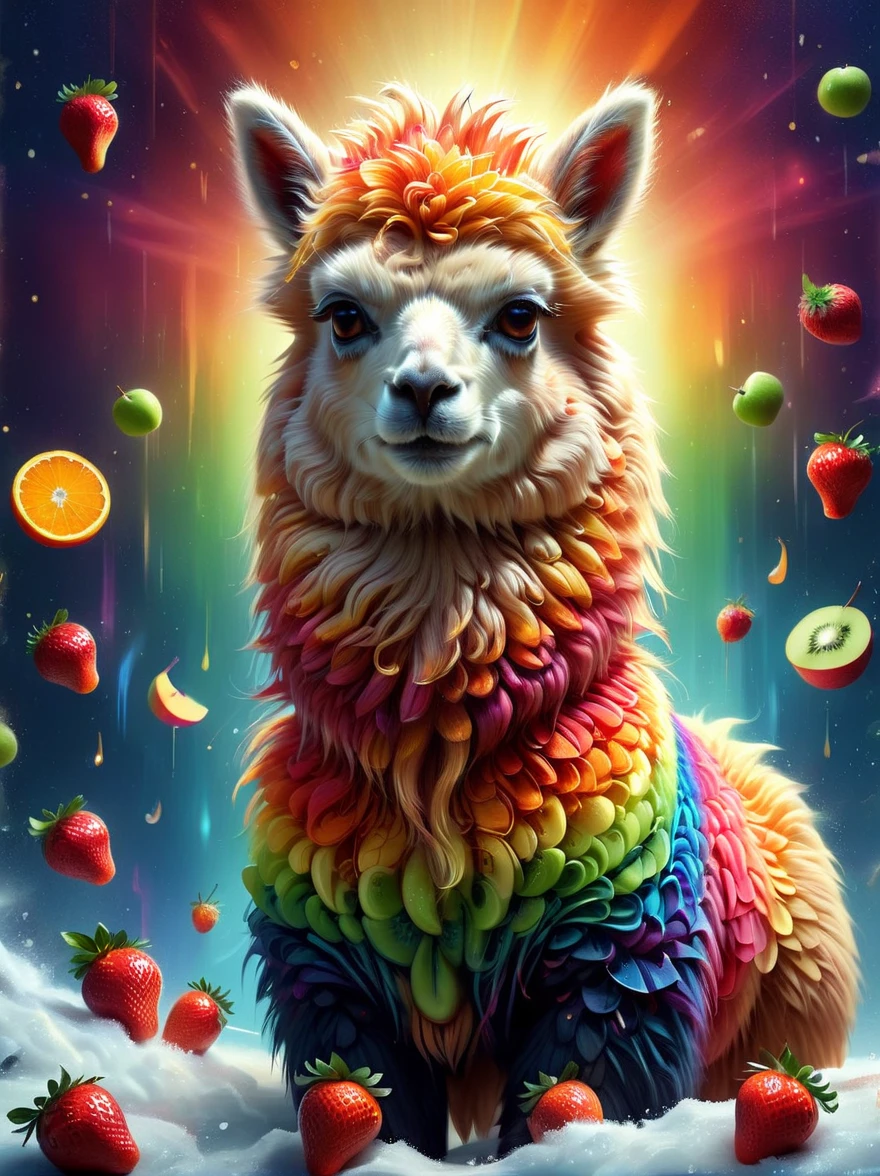 ((Imaginative depiction of an alpaca made entirely of fruit pulp))，Alpaca standing upright in a casual posture，Maybe one hand holding an apple，(Body made of orange，watermelon，kiwi，Strawberries and other colorful fruit slices)，A rainbow-like mosaic effect，The face is detailed and expressive，Elegantly shaped with tangerine peel and blueberry eyes，(The background depicts a sunny snowy afternoon)，(Bathed in the peaceful golden sunshine), (master level:1.2), Super details, Realistic, (Photorealism:1.3), first-person view, UHD, masterpiece, ccurate, anatomically correct, super detail, best quality, 8k