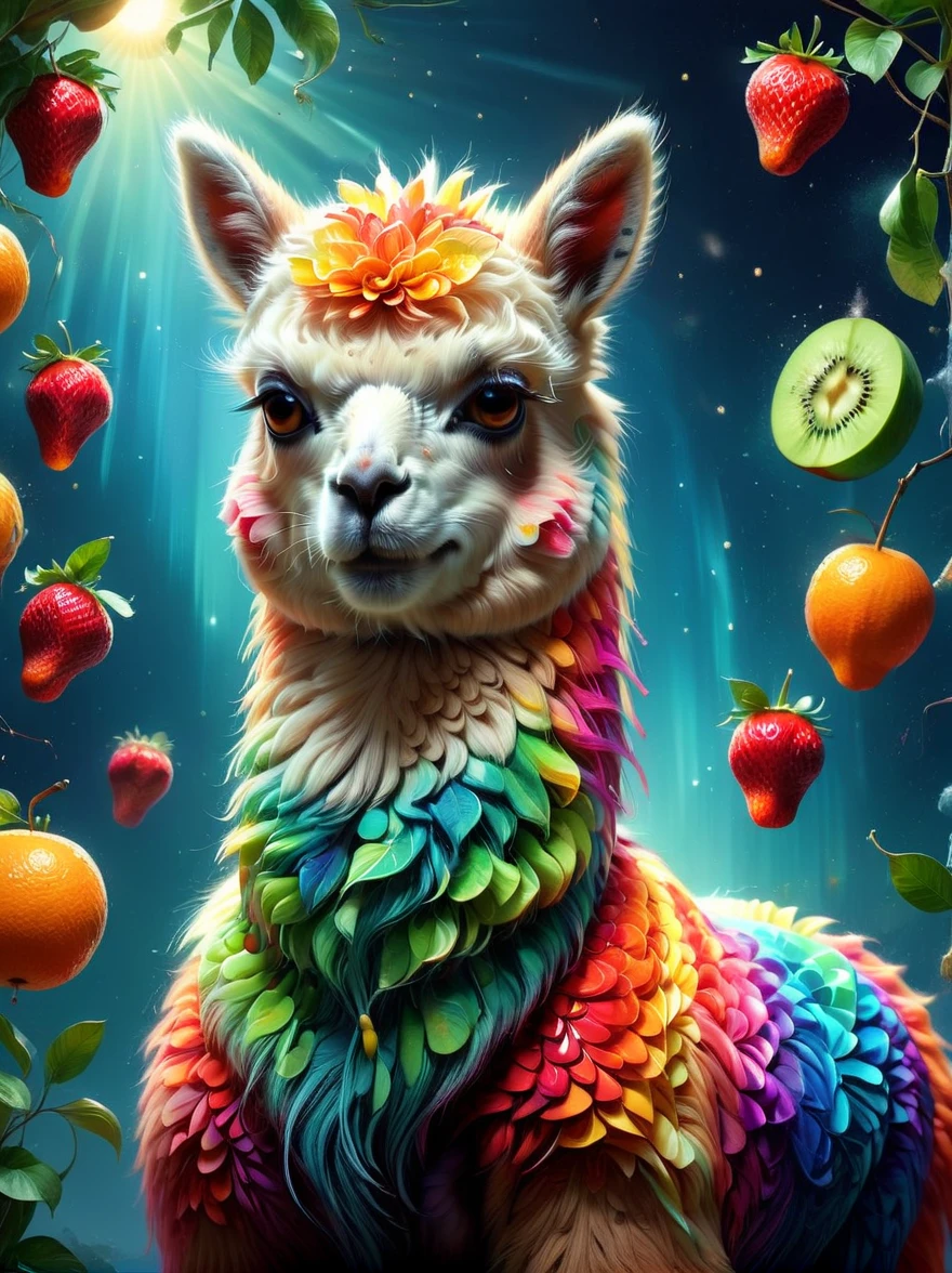 ((Imaginative depiction of an alpaca made entirely of fruit pulp)),Alpaca standing upright in a casual posture,Maybe one hand holding an apple,(Body made of orange,watermelon,kiwi,Strawberries and other colorful fruit slices),A rainbow-like mosaic effect,The face is detailed and expressive,Elegantly shaped with tangerine peel and blueberry eyes,(The background depicts a sunny snowy afternoon),(Bathed in the peaceful golden sunshine), (master level:1.2), Super details, Realistic, (Photorealism:1.3), first-person view, UHD, masterpiece, ccurate, anatomically correct, super detail, best quality, 8k