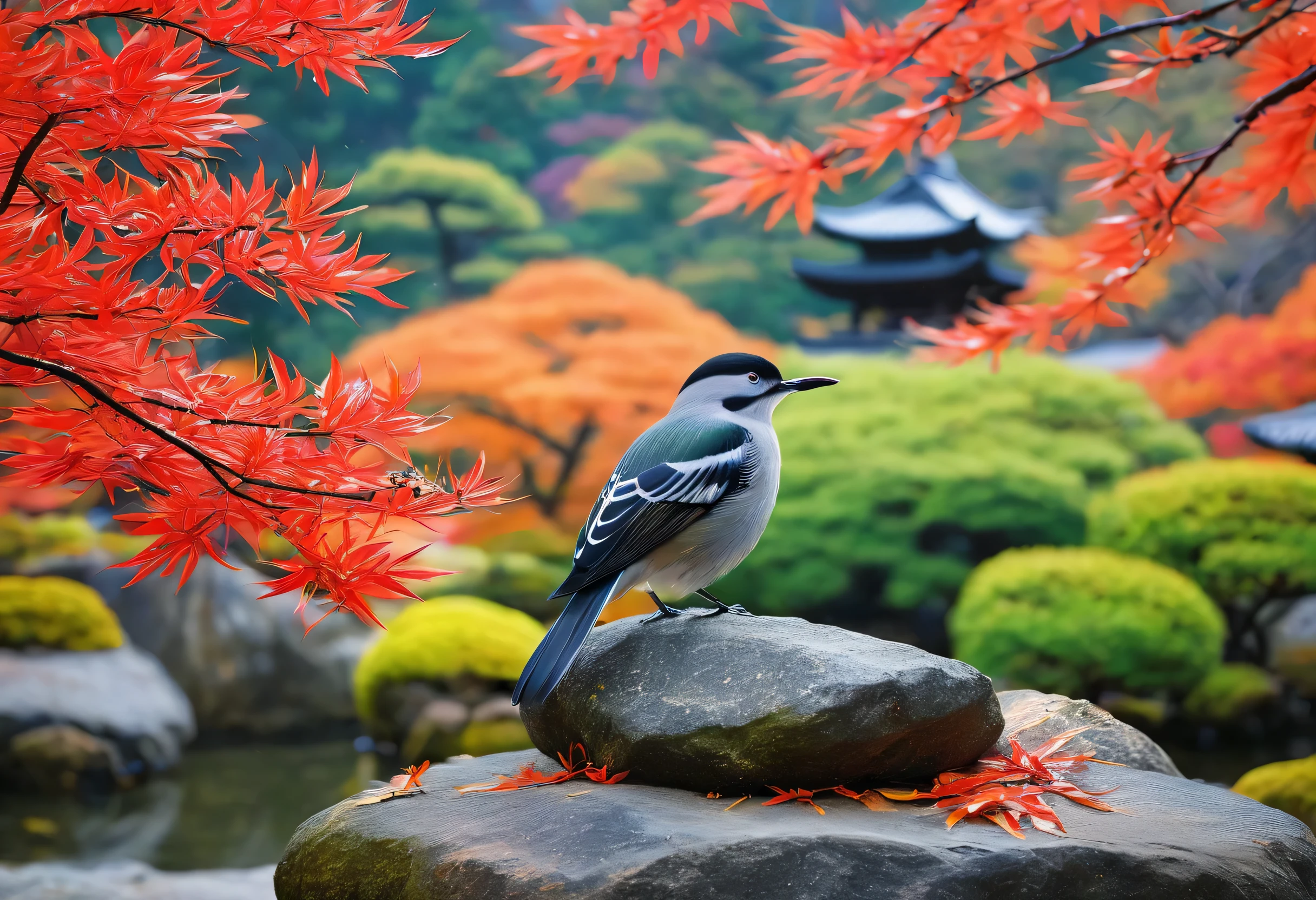 A picture of a bird sitting on a rock in a colorful autumn Japanese garden, Japanese Nature, Japanese Templess, Japanese Temples, zen temple background, Awesome Wallpapers, Japanese Landscape, Ancient Japan, Beautiful high resolution, Inspired by Kyoto, Beautiful Wallpapers,Vibrant autumn leaves on a tree、 Ancient Japanese architecture, lush Japanese Landscape, Ancient Japanese, Japanese art style, Landscape size, Beautiful realistic Japanese paintings