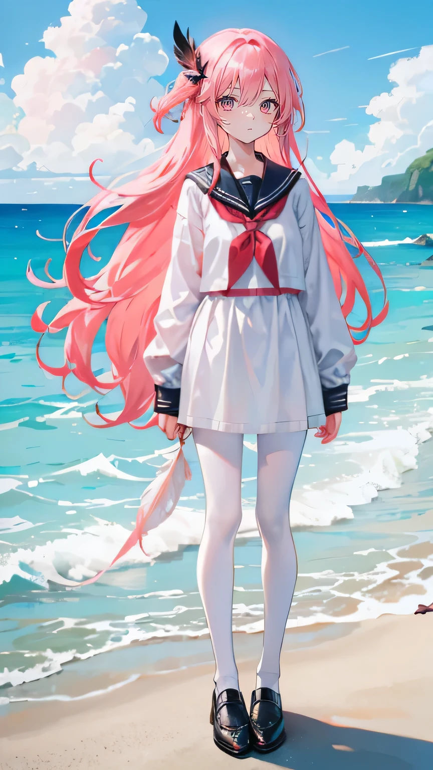 Coral pink hair,Long hair,hair over one eye,Gray eyes,feather hair ornament,cute,Girl,Black sailor suit,Small leather shoes,White silk pantyhose,whole body,Standing on the ground,Don't show your arms,The background is the beach,Blue sky and white clouds