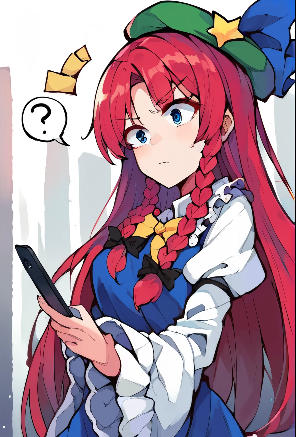 source_anime, (2d), score_9, score_8_up, score_7_up, score_6_up, score_5_up, score_4_up, solo, 1girl, standing, holding phone, looking at phone, :o, hong_meiling_touhou, braid, long_hair, red_hair, twin_braids, star_\(symbol\), hat, hat_ornament, star_hat_ornament, beret, bow, bangs, blue_eyes, breasts, hair_bow, ribbon, green_headwear, confused, raised eyebrow, cowboy shot