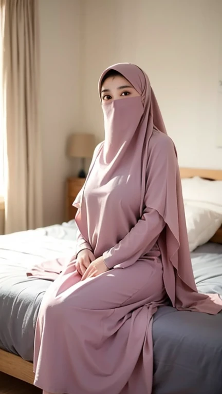  a beautiful young woman hijab, (((super big breast))), (very big naked breast) perfect face, (((very huge big breast,))), ((( Big Breast))) long dress muslim, (((covering mouth, long veil))), thigh legs, naked body, showing pussy, Slim Face、20 years old, stil young, Pretty Lady,  smile eyes, sleep in bedroom, stand up, (big breast covered) , see full image