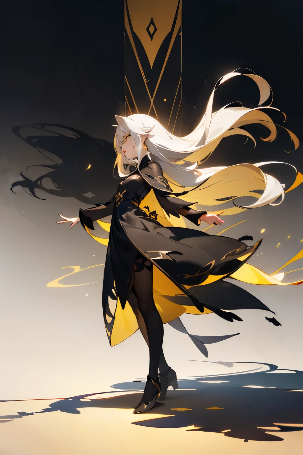 ((shadow goddess)), ((black long hair with combination of tiny white hair)), ((light brown yellow eyes)), ((dark black aura)), ((neat elegant black goddess dress)), ((front view))