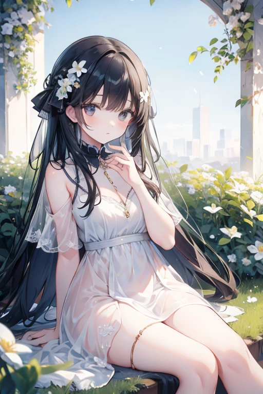 (masterpiece, best quality),1girl with long black hair sitting in a field of green plants and flowers, her hand under her chin, warm lighting, white dress, blurry foreground