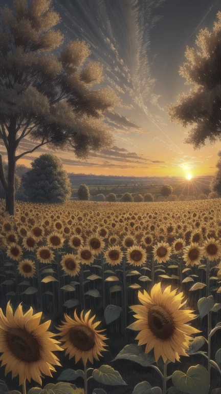 Landscape , imagination, (realistic), clear skies, sunflower garden , sunrise , (hdr:1.5), outdoors, intricate details,