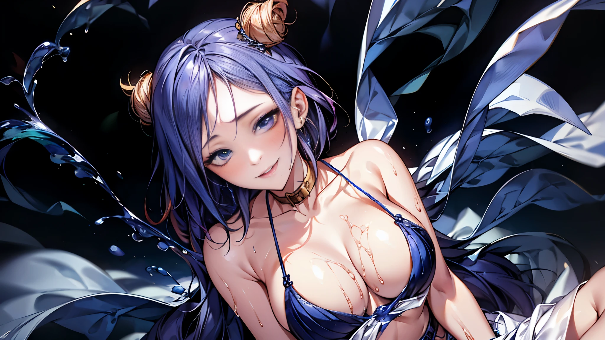 (Best quality, 8K, Masterpiece:1.3, 1 girl, solo, Beautiful girl), cute, Dynamism, Detailed face, Detailed skin, detailed clothes, Detailed eyes, Detailed lips, Detailed tongue, Detailed fingers, Detailed mouth, Photorealistic, Raw photo, highres, hight resolution, Natural lighting, dynamic pose, perfect anatomy, toned legs, double eyelids, tear bags, round eyes, moist lips, sweaty, ecstatic face, ((indigo liquid over the body:1.5)), Colorful hair, Colorful body, Colorful paint background, Smile, watercolor, absurdity, open legs, gradient liquid, silver liquid, golden liquid, blue liquid, red liquid, yellow liquid, purple liquid, green liquid, orange liquid, pink liquid, body-painting art, sfw, half closed eyes, (breasts curtain), hair bun, blush, floating, hair buns, gorgeous collar, earrings, jewelry, smile, large breasts, grabbing breasts, cleavage, pov