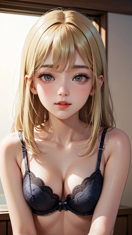 A light blush and a smile, (Masterpiece of the highest quality:1.2) Delicate illustrations, super detailed, /Beautiful Japanese Women、1 person,Very cute and slim、Outstanding style 、((8K images、super high quality))、Very delicate face, Skin and Hair、Red lipstick、Long Hair、straggling hair,(((((Gradient Hair、Blonde))))),Very cute Japanese cut face、Eyes and nose are clearly visible、Kind eyes,(((sexy lingerie、Watching the audience)))、full body shot