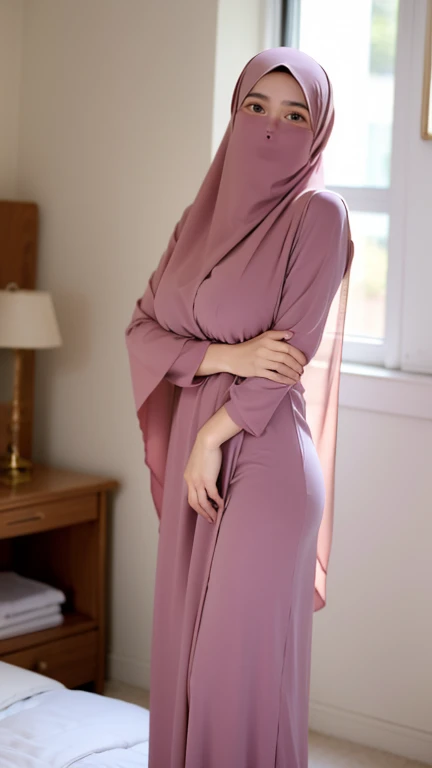  a beautiful young woman hijab, (((super big breast))), (very big breast covered) perfect face, (((very huge big breast,))), ((( Big Breast))) long dress muslim, Slim Face、20 years old, stil young, Pretty Lady,  smile eyes, sleep in bedroom, stand up , see full image