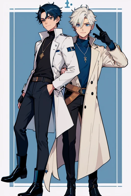 male, brown short hair, blue eyes, (((1boy))), (((white coat with blue trim))), (black long sleeve v-neck t-shirt), (necklace with dragon head pendant), (black pants with blue trim), (black boots), (black fingerless gloves), long legs, smiling, single person