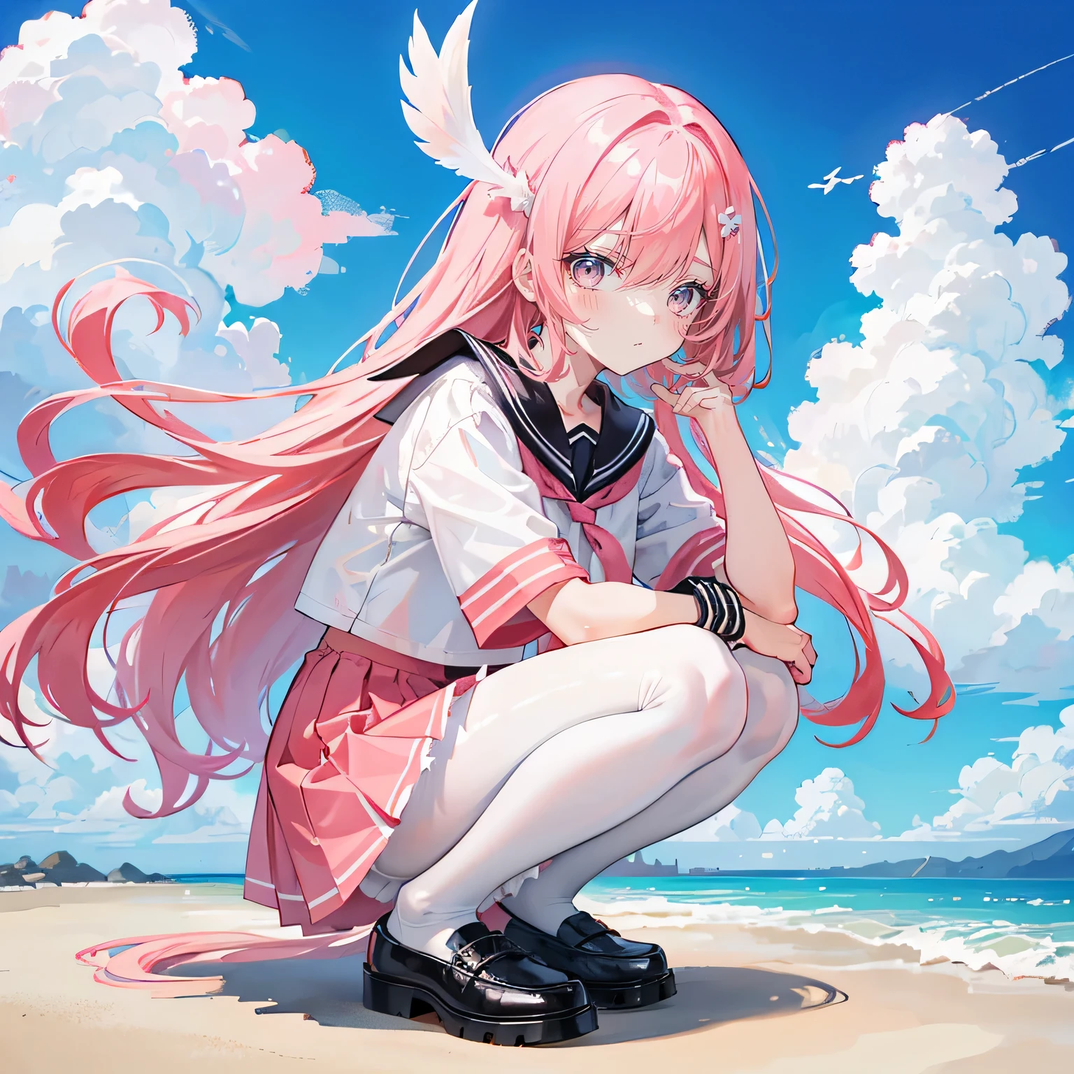 Coral pink hair，Long hair，hair over one eye，Gray eyes，feather hair ornament，cute，Girl，Black sailor suit，Small leather shoes，White silk pantyhose，whole body，Squatting on the ground，Don't show your arms，The background is the beach，Blue sky and white clouds