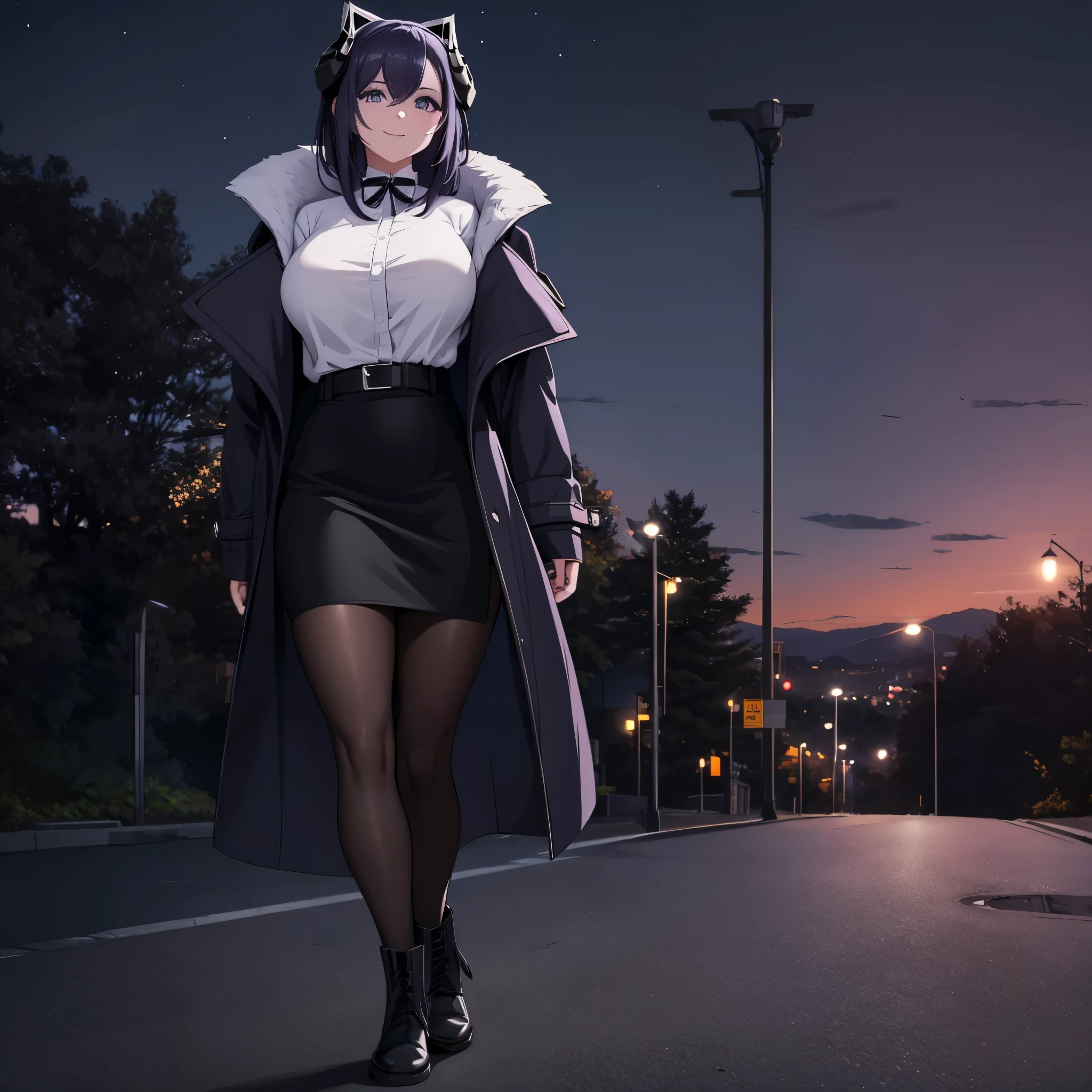 Woman wearing dark violet fur coat, white shirt, black skirt, dark purple hair, purple eyes, cold boots, walking in a park at night, with street lights. trees, overlooking a city, smiling, big breasts, horns,,HDR, ultra resolution, well defined, masterpiece, 8K HD. (woman alone)
