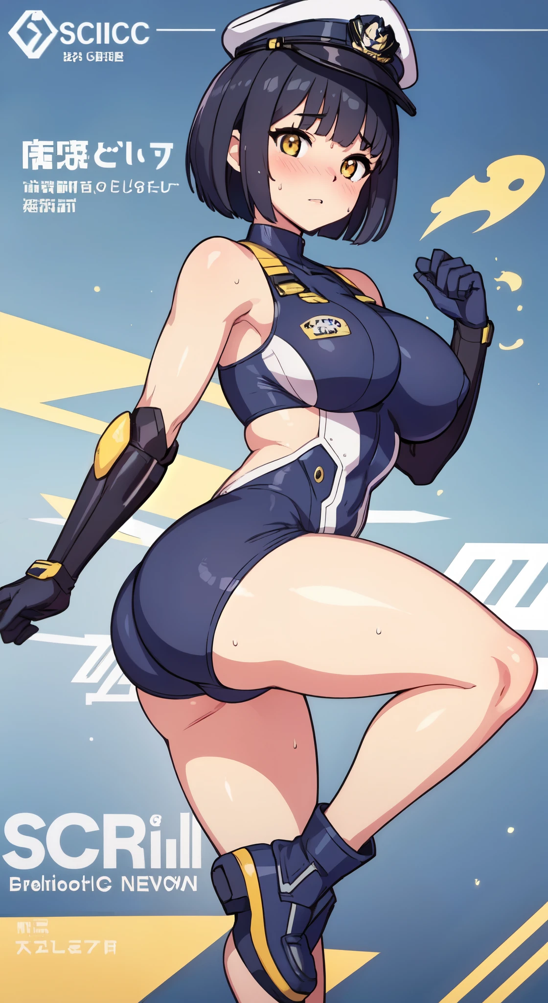 (Perfect boisy),highest quality,(8K Portrait),(Official Art)、Browsing Caution、(((Muscular)))、((((Embarrassing))))、One Girl,(:is)、(((Thick thighs)))、(((blush))),(Sweat),(big breasts)、(((Big Ass)))、(Black Hair),((Bobcut)),short hair,Blunt bangs、 (Yellow Eyes),(((navy blue sci-fi suit)))、Cyborg Girl、Police hat、Black knee socks、((White boots))、(on the road)、Acrobatic pose、From behinis、return