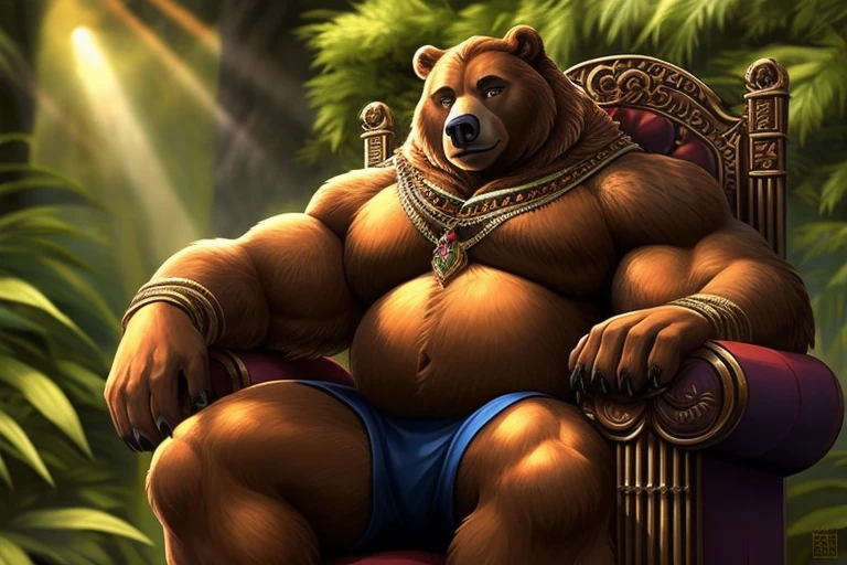 Pose, Muscular Belly, Masculine Display, Blurred Background, Lush Forest Surroundings, Majestic Brown Bear
This masterpiece showcases a regal brown bear, whose shaggy fur glistens under the soft, golden light of the lush forest. With a sense of grandiosity, the bear proudly sits on his throne of mossy logs, his bulging belly a testament to his strength and dominance. The intricate patterns of his fur are detailed to the highest degree, each strand shimmering with life. The bear casually swipes a paw across his chest, revealing his prominent muscles and impressive masculinity for all to see. The lush