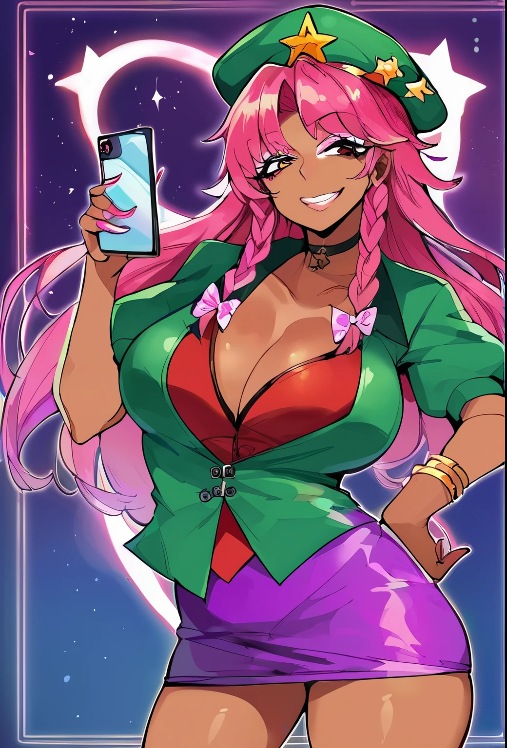 source_anime, (2d), score_9, score_8_up, score_7_up, score_6_up, score_5_up, score_4_up, solo, 1girl, standing, holding phone, looking at phone, hand on hip, gyaru, tanned skin, pink thin lips, choker, makeup, pink eyeshadow, jewelry, smile, hong_meiling_touhou, braid, long_hair, red_hair, twin_braids, star_\(symbol\), hat, hat_ornament, star_hat_ornament, beret, bow, bangs, blue_eyes, breasts, hair_bow, ribbon, green_headwear, cowboy shot