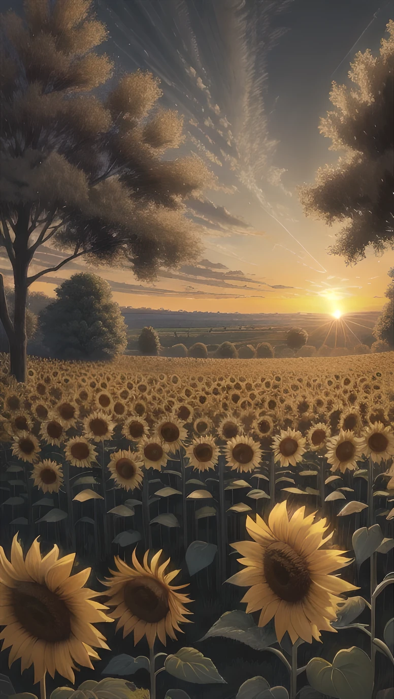 Landscape , imagination, (realistic), clear skies, sunflower garden , sunrise , (hdr:1.5), outdoors, intricate details,
