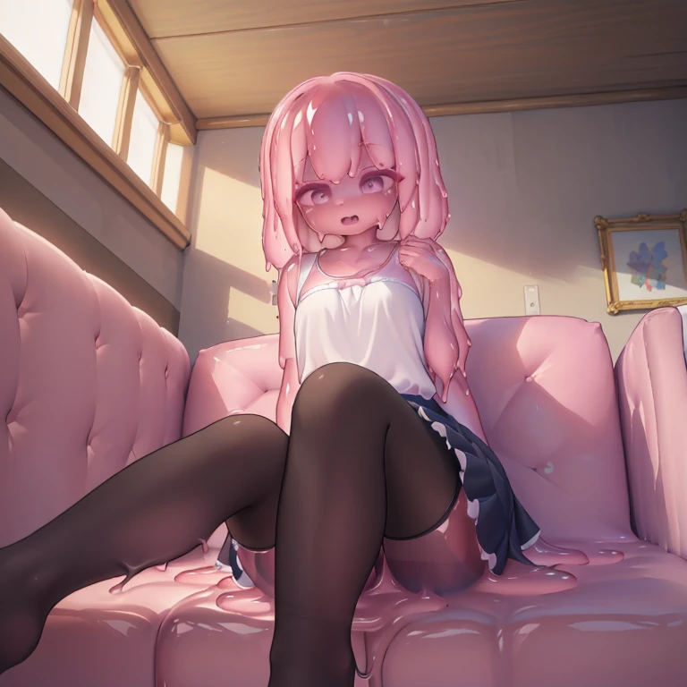 (best quality,4k,8k,highres,masterpiece:1.2),ultra-detailed,realistic:1.37,slime girl,pink skin,transparent,sitting on a couch,skirt,tights,lifting up skirt with both hands,legs spread apart,feet on the floor,entire body