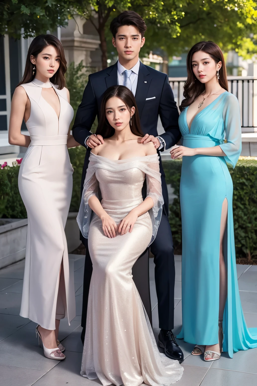 Realistic, full body shot, 4k, high detailed, high quality, Potrait of one man(24 years old) in a doctor suit(in the middle) and 4 girls with luxury dress, standing, perfectly proportioned, intimate, Lovers, close to each other, perfect anatomy, perfect background, perfect face, perfect body, detailed face, look at camera, Outdoor background