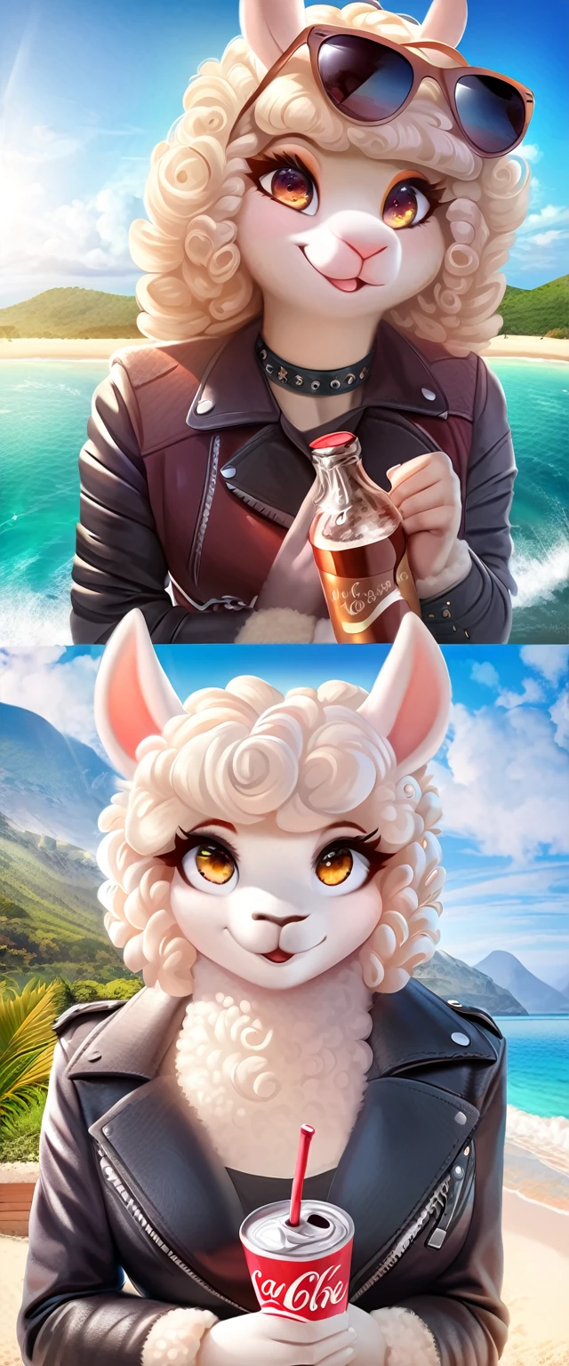 ((Masterpiece, top quality, high resolution)), ((extremely detailed CG unified 8K wallpaper)), An alpaca women in leather jackets drinking Coke from bottles, their beautiful white curly hair shining in the sunlight, wearing round sunglasses and smiling happily at the camera, a tourist attraction with a view of the ocean,