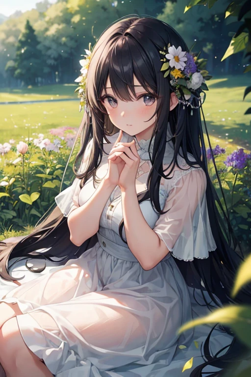 (masterpiece, best quality),1girl with long black hair sitting in a field of green plants and flowers, her hand under her chin, warm lighting, white dress, blurry foreground