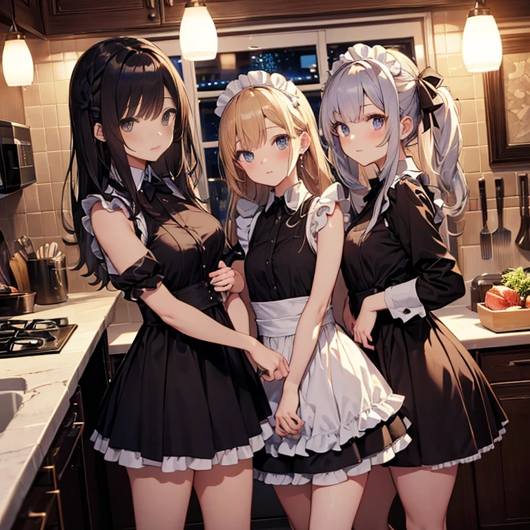 A group of maids, (in kitchen), various hair styles, harem, wearing maid uniform, night, details face, , short skirt, seducing, sleeveless , night, starry night