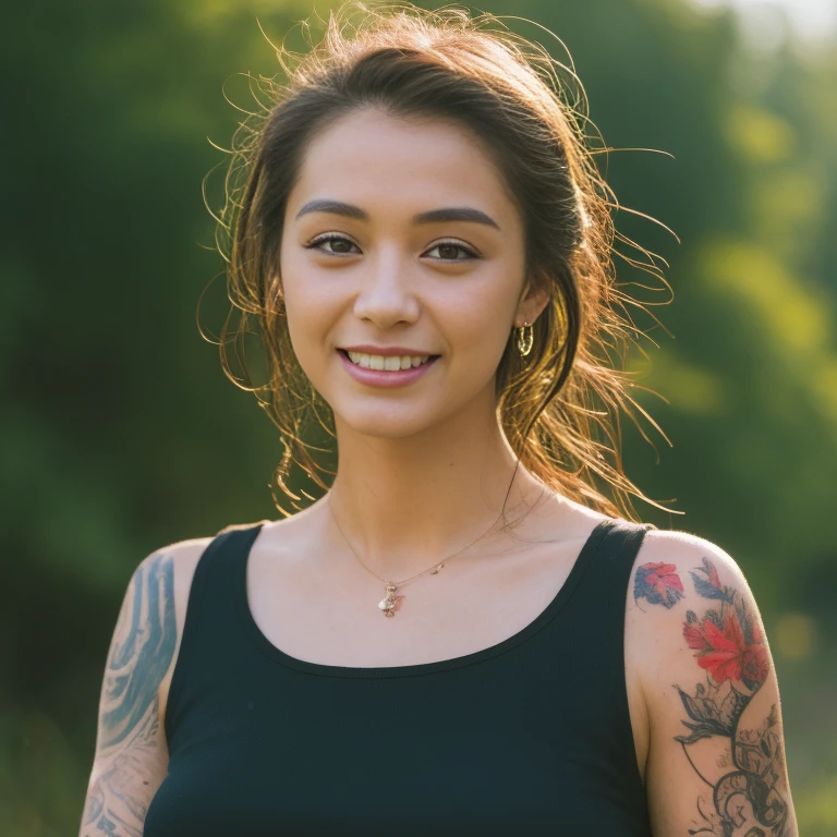 ((best quality, 8k, Masterpiece :1.3)), Sharp focus :1.2, 30 year old sexy woman Has a sexy little smile Red tank top, very large breasts, soaked wet, white tattoos, bright colors, perfect body beauty.:Action action in front of the camera. Outdoors in the countryside, the sun near sunset sparkles., Highly detailed faces and textures, Detailed eyes, alone, Realistic photos:1.37 .. The fine texture of the tattooed skin.. hand tattoo. Chest tattoo , Shot with a high quality Fuji camera, color 45.,000,000 Chili Cell,