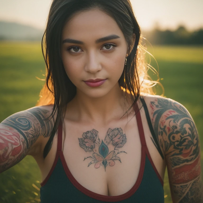 ((best quality, 8k, Masterpiece :1.3)), Sharp focus :1.2, 30 year old sexy woman Has a sexy little smile Red tank top, very large breasts, soaked wet, white tattoos, bright colors, perfect body beauty.:Action action in front of the camera. Outdoors in the countryside, the sun near sunset sparkles., Highly detailed faces and textures, Detailed eyes, alone, Realistic photos:1.37 .. The fine texture of the tattooed skin.. hand tattoo. Chest tattoo , Shot with a high quality Fuji camera, color 45.,000,000 Chili Cell,