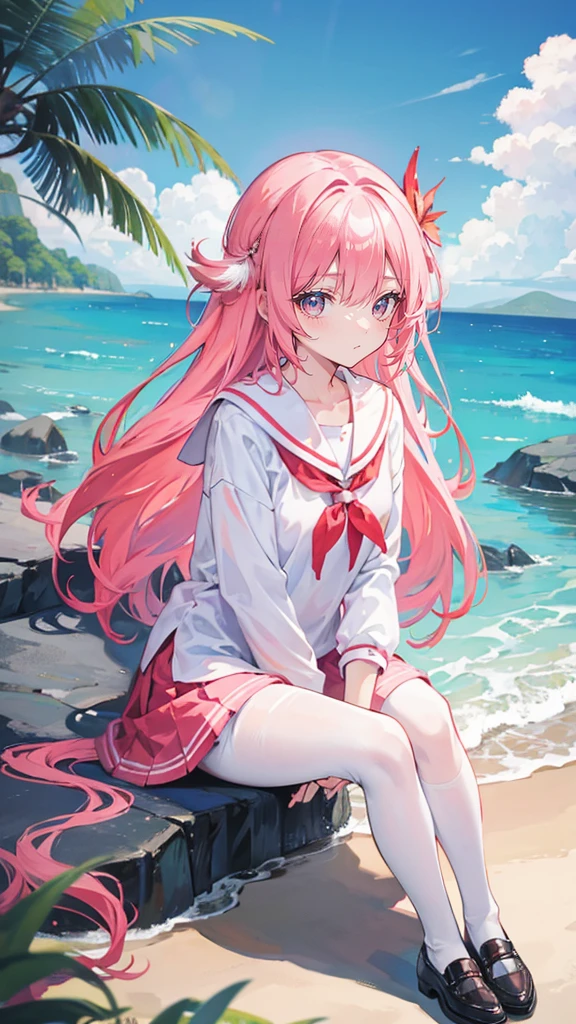 Coral pink hair,Long hair,hair over one eye,Gray eyes,feather hair ornament,cute,Girl,laughing expression,White short sleeve,Short skirt,White silk pantyhose,White silk pantyhose,No shoes on your feet,Sitting on the ground,whole body,Don't show your arms,Background is beach,many clouds