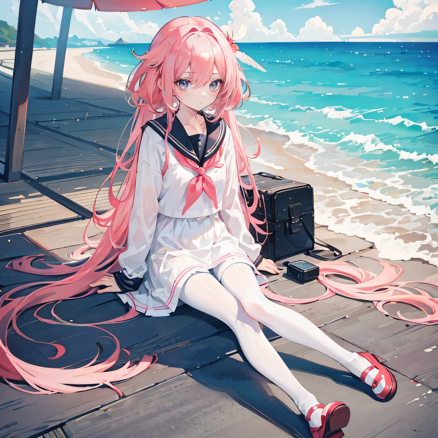 Coral pink hair，Long hair，hair over one eye，Gray eyes，feather hair ornament，cute，Girl，Black sailor suit，Small leather shoes，White silk pantyhose，whole body，sit on the floor，Don't show your arms，The background is the beach，Blue sky and white clouds