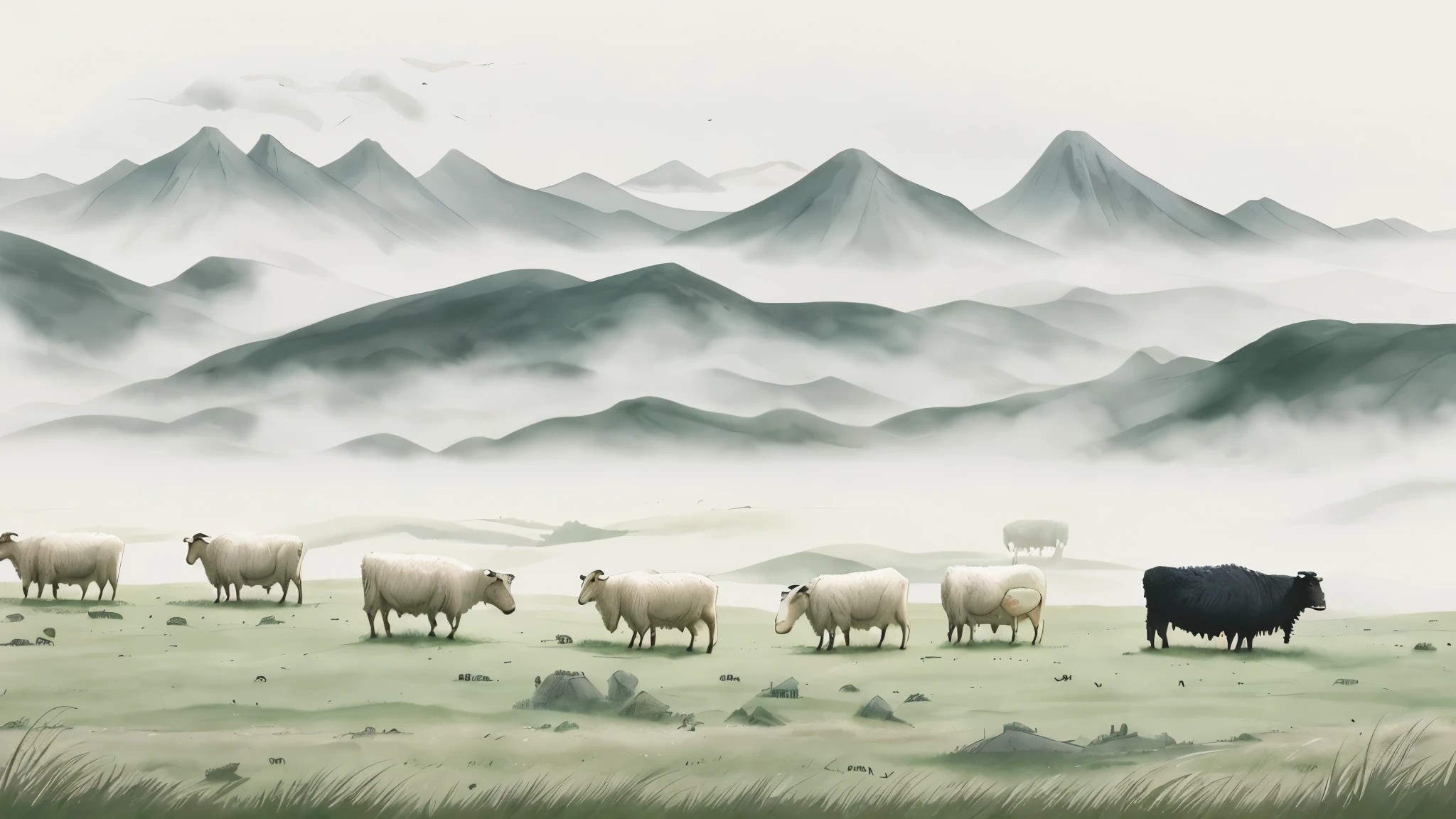 A herd of sheep and cows are walking on the grassland, with distant mountains in a misty watercolor style. The composition focuses on closeup shots of sheep and crows against a white background. It features traditional animation, flat illustrations, and hand drawn images in the style of Chinese ink painting. High definition resolution, high quality images. White background.