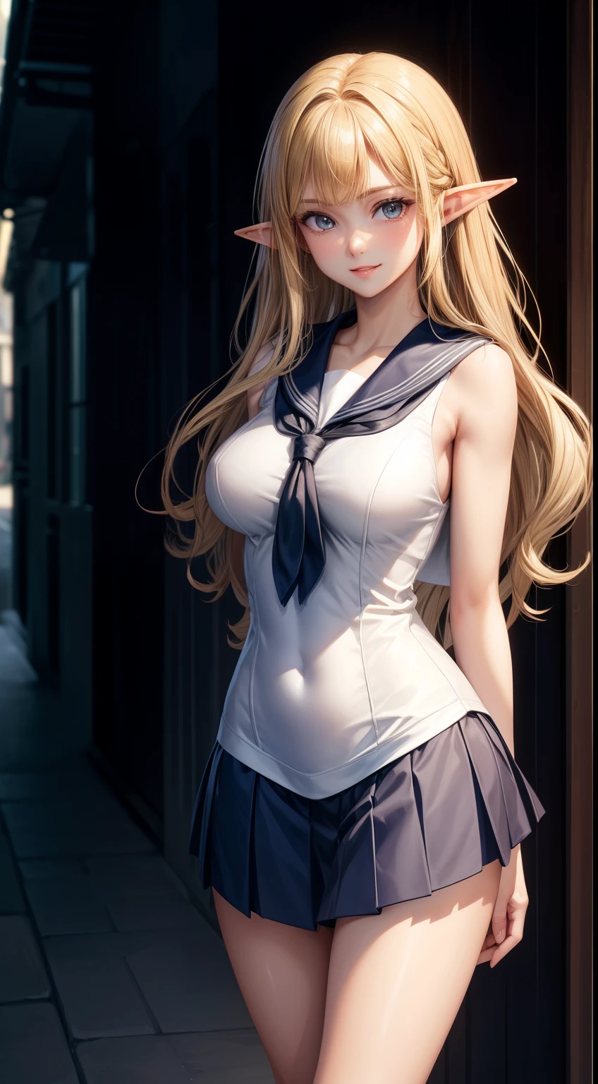 (masterpiece:1.3), High resolution, Very detailed, Highly detailed CG Unity 8k wallpaper, Realistic, photo-Realistic, Raw photo, Beautiful and dense face, Pale skin, Realistic glistening skin, Fine cloth texture, Detailed hair texture, Perfect body, Beautiful Face, Accurate, Anatomically correct, Highly detailed face and skin texture, Natural neck length, (Beautiful Hands), (Fair skin:1.2), Thin legs, Thin legs, break, Fine grain, Symmetrical eyes, Light brown eyes, double eyelid, Thin eyebrows, (Glossy lips:1.4), (Smiling Kindly:1.2), break, (NSFW:1.1), (Elegant and cute girl:1.3), (1 girl), (Medium sized big breasts, Slender figure, Firm chest:1.1), Beautiful clavicle, (Blonde Hair, Wavy Hair, Long Hair:1.2), ((Asymmetrical bangs:1.2)), (((Elf))),((Sailor suit,school uniform)),(Shopping Street)