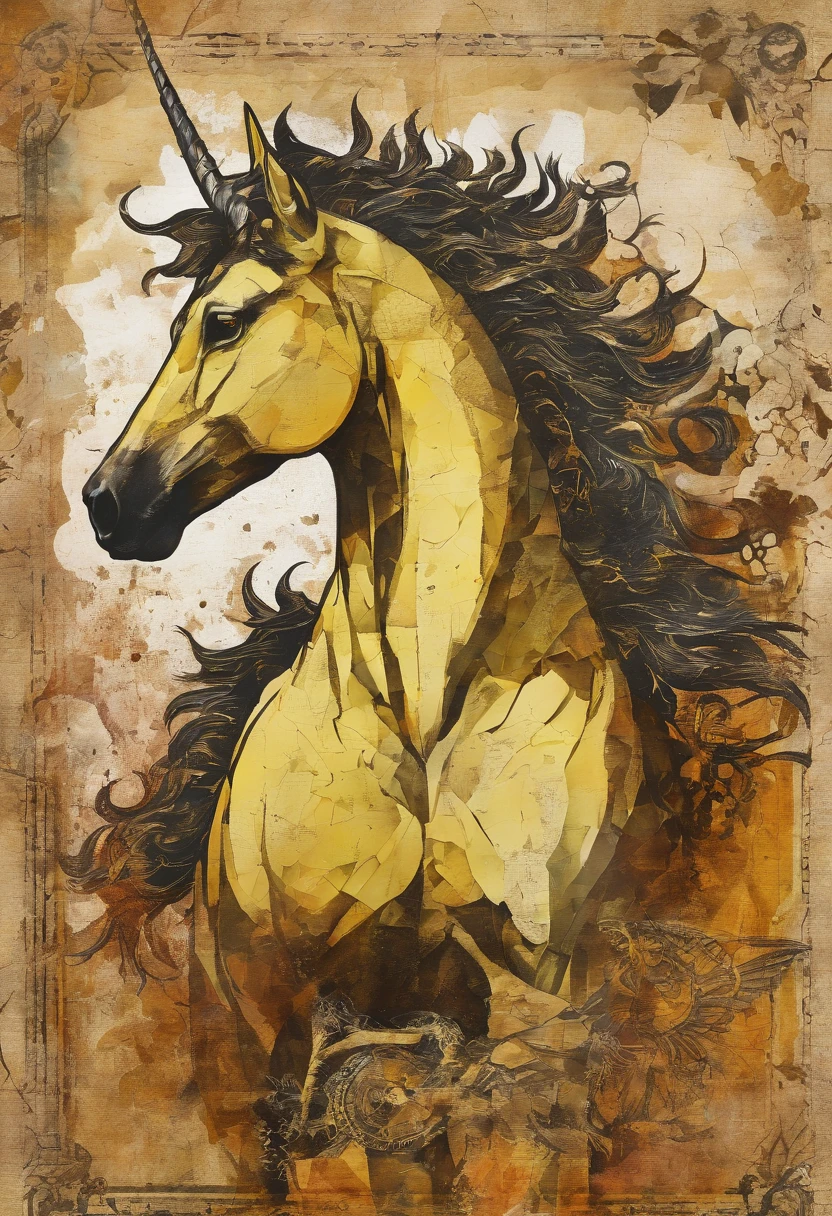 Licorne jaune tête dragon corps cheval, paisible, burnt earth background