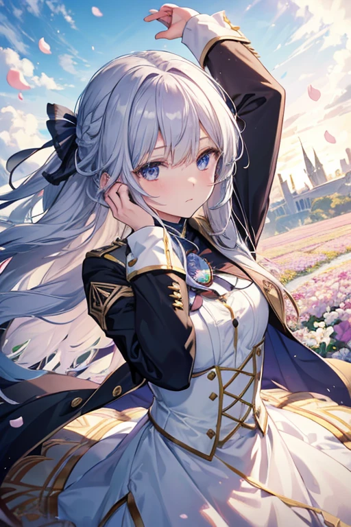 (Dynamic Angle: 1.3), Wind, Movie Highlight, Tyndall Effect, 1 Girl, Upper Body, Arms Up, Look at the Audience, Extreme Close Up, violet_evergarden, Solo, Jewelry, Expressionless, Brooch, silver_hair, ( Vevry Long Hair: 1.2), messy_hair, Floating hairlong_sleeves, Ribbon, blue_eyes, Jacket, Dress, Gemstone, hair_ ribbon, sky, depth_of_field, flower fields, fluttering petals