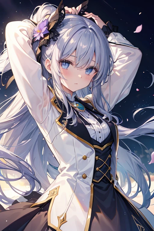 (Dynamic Angle: 1.3), Wind, Movie Highlight, Tyndall Effect, 1 Girl, Upper Body, Arms Up, Look at the Audience, Extreme Close Up, violet_evergarden, Solo, Jewelry, Expressionless, Brooch, silver_hair, ( Vevry Long Hair: 1.2), messy_hair, Floating hairlong_sleeves, Ribbon, blue_eyes, Jacket, Dress, Gemstone, hair_ ribbon, sky, depth_of_field, flower fields, fluttering petals